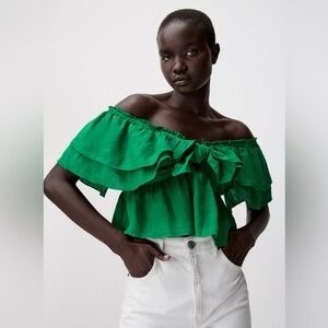 Zara linen tie front ruffle crop top